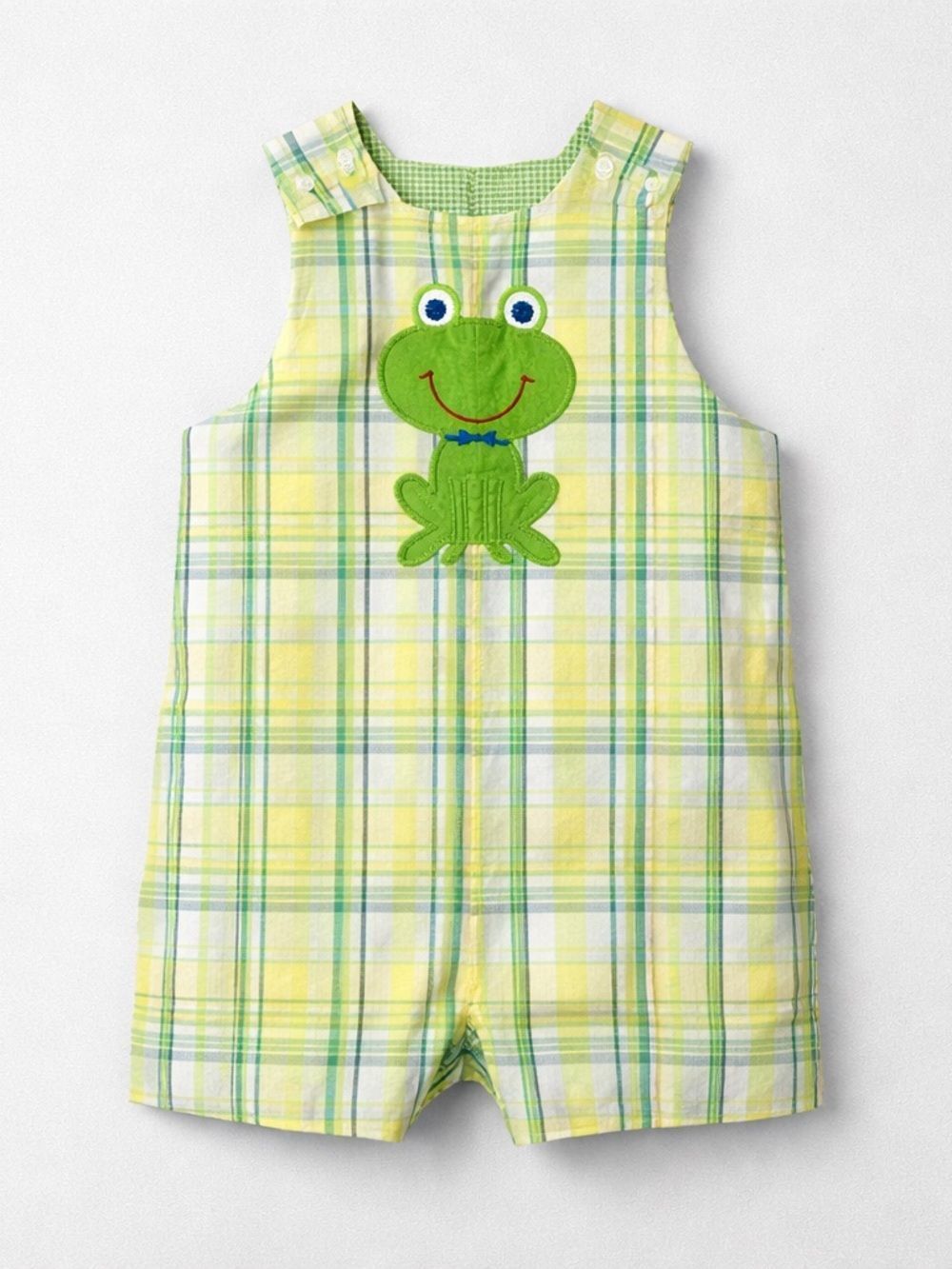 The Bailey Boys lime and yellow plaid frog appliqué Jon Jon reversible size 12m